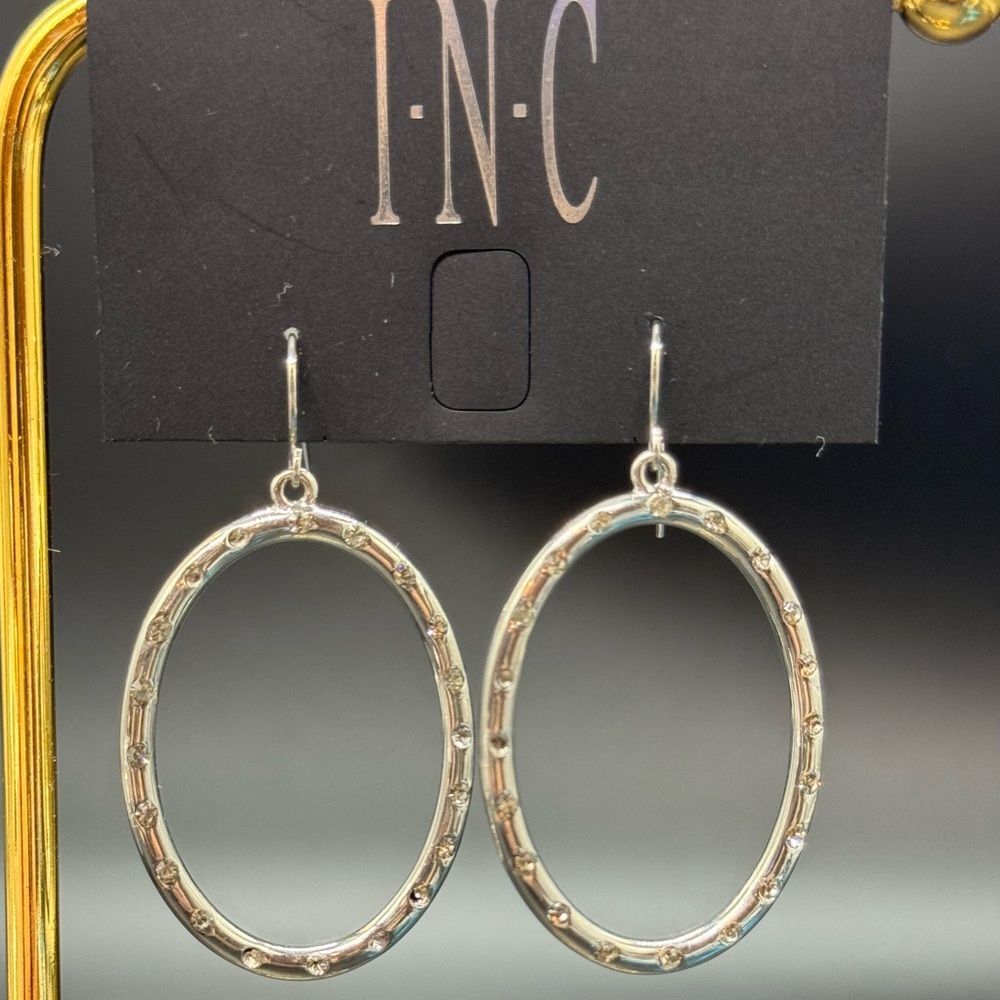 INC Silver Tone Fish Hook Dangling Oval Ring with Crystals Earrings 2 inch